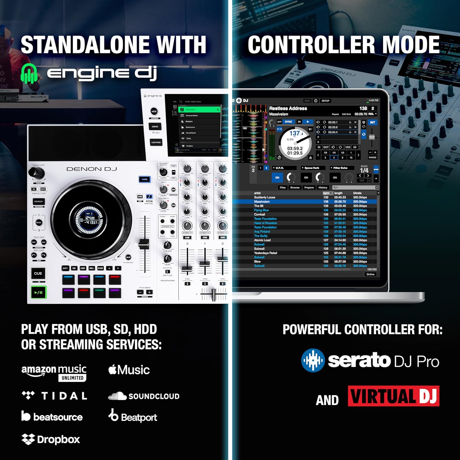 Denon DJ SC LIVE 4 WHITE – Standalone DJ Controller with Stems on 4-Decks, Wi-Fi Streaming, Build-in Speakers, Serato DJ and Virtual DJ Compatible