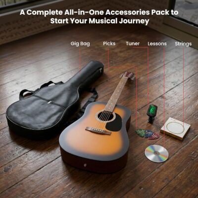 Fender FA Series Dreadnought Acoustic Guitar – 2-Color Sunburst Bundle with Gig Bag, Tuner, Strings, Picks, and Austin Bazaar Instructional DVD