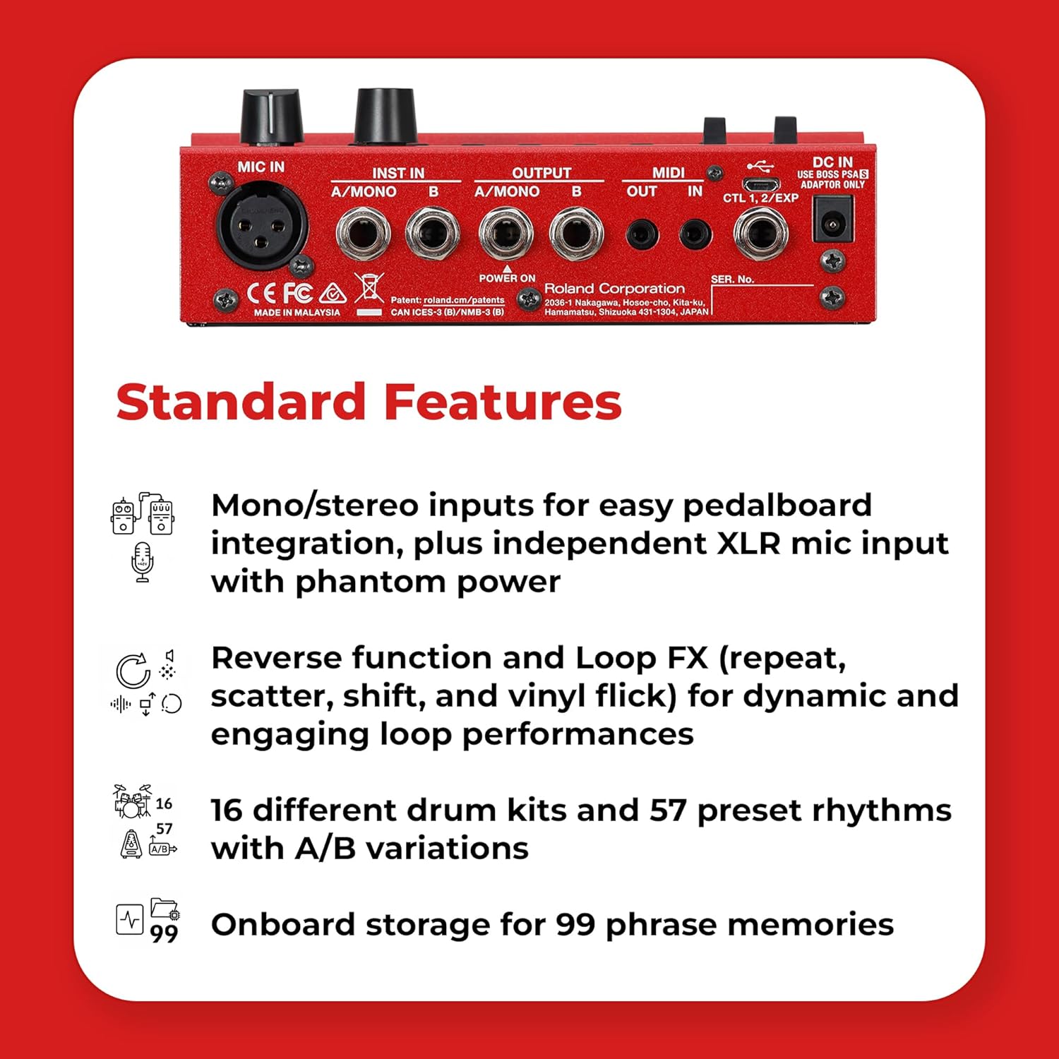 Boss RC-500 Loop Station Bundle with Gearlux Power Supply, Instrument Cable, Patch Cable, and Picks