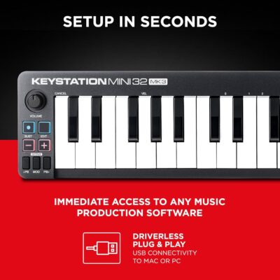 M-AUDIO Keystation Mini 32 MK3 USB MIDI Keyboard Controller with 32 Velocity Sensitive Mini Keys and Recording Software Included