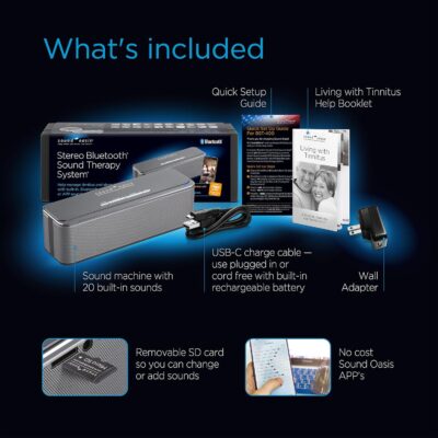 Sound Oasis Stereo Bluetooth Sound Machine for Sleep and Tinnitus Masking, 20 Non-Looping Soothing Sounds Plus Pink Noise, Hi-Fidelity Speakers, Portable Sound Therapy for Home, Baby, Office or Travel