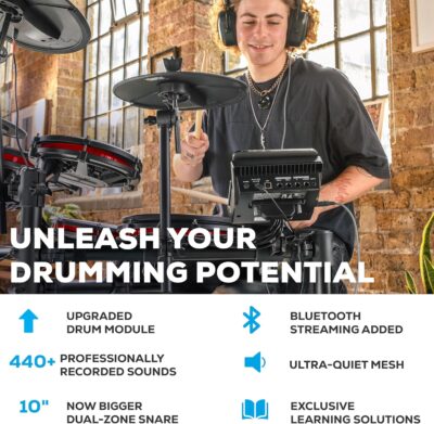 Alesis Nitro Max Kit Compact Electric Drum Kit with Quiet Mesh Pads, 10 Dual-Zone Snare, Bluetooth, 440+ BFD Sounds, Drumeo, USB MIDI, Kick Pedal