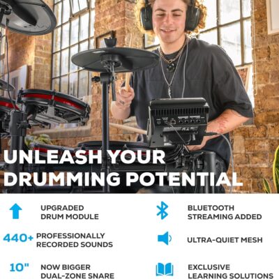Alesis Nitro Max Kit Compact Electric Drum Kit with Quiet Mesh Pads, 10 Dual-Zone Snare, Bluetooth, 440+ BFD Sounds, Drumeo, USB MIDI, Kick Pedal