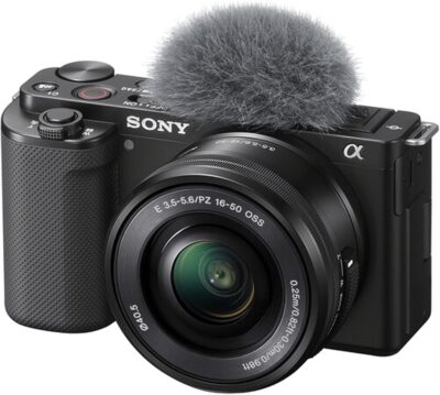 Sony ZV-E10 Mirrorless Camera with 16-50mm Lens + 2pcs 64GB Memory + LED Video Light + Case+ Tripod + Steady Grip Pod + Filters + Macro + 2X Lens + 2X Batteries + More (40pc Bundle) (Renewed)