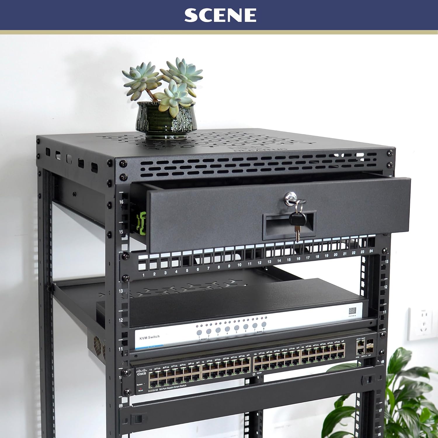 24U Server Rack Cabinet with Drawer & 2 PCS Full Size Rack Shelves – Integrated Top/Bottom Panels, 4 Rolling Wheels for 19 Equipment & Home Lab Studio