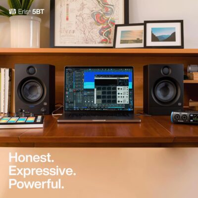 PreSonus Eris 5BT Bluetooth Studio Monitors, Pair — 5.25 Inch Powered Bookshelf Speakers, Stereo, Desktop Computer, Near Field Music Production, Audio Mixing Recording