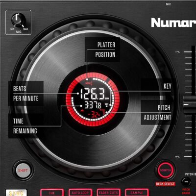 DJ Controller Bundle – DJ Set with 4 Decks, DJ Mixer, Audio Interface, Jog Wheel Displays, FX and DJ Headphones – Numark Mixtrack Platinum FX and HF175