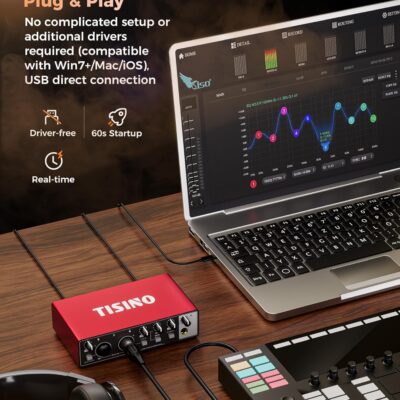 TISINO Audio Interface 24Bit/192kHz, USB Audio Interface for Recording, Songwriting, Streaming and Podcasting, Plug & Play Studio Interface with 48V Phantom Power, PC/Mac/iOS Compatible,RED