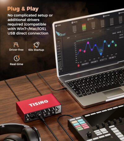 TISINO Audio Interface 24Bit/192kHz, USB Audio Interface for Recording, Songwriting, Streaming and Podcasting, Plug & Play Studio Interface with 48V Phantom Power, PC/Mac/iOS Compatible,RED