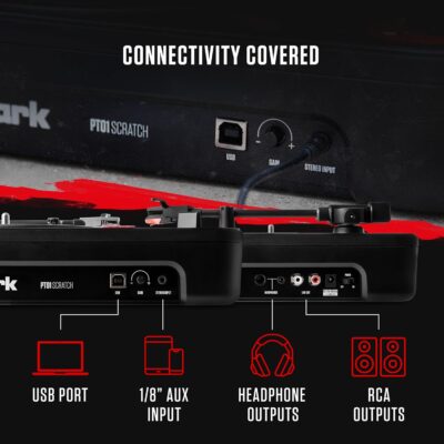 Numark PT01 Scratch | DJ Turntable for Portablists With User Replaceable Scratch Switch, Built In Speaker, Power via Battery or AC Adapter, Three Speed RPM Selection & USB Connectivity