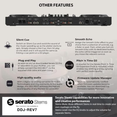 Pioneer DDJ-REV7 Scratch-Style 2-Channel Professional DJ Controller – Black Bundle with Laptop Stand, Headphones, and Austin Bazaar Polishing Cloth