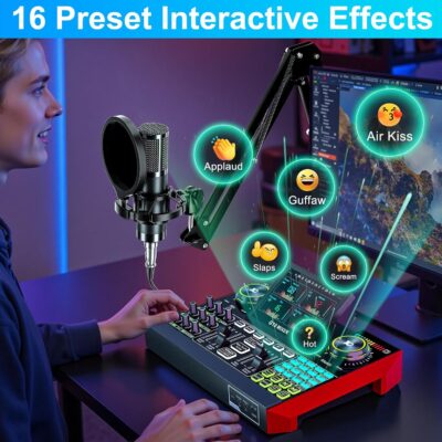 Podcast Equipment Bundle with 3.5mm Condenser Microphone for Pc/Phone Live Streaming Singing Gaming, Podcast Microphone Bundle with Live Sound Board Audio Mixer Denoise,DJ Sets