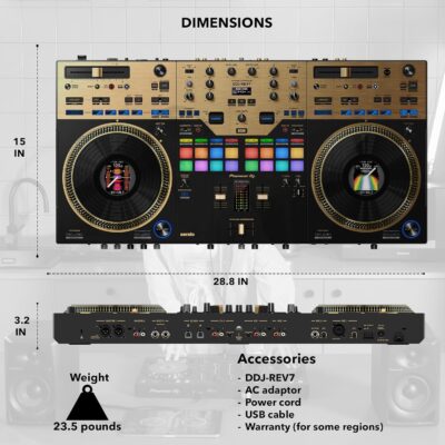 Pioneer DDJ-REV7-N Scratch-Style 2-Channel Professional DJ Controller – Gold Bundle with Case, Headphones, XLR Cable, and Austin Bazaar Polishing Cloth