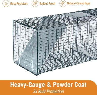 81P9C2Ie5dL. AC SL1500 HOMESTEAD 42 Heavy Duty Live Animal Trap – Professional Quick Set Trigger, Galvanized Steel Cage, Camouflage Finish, Rust Proof Mesh, Fully Assembled | Humane Catch & Release Raccoon, Fox & Similar