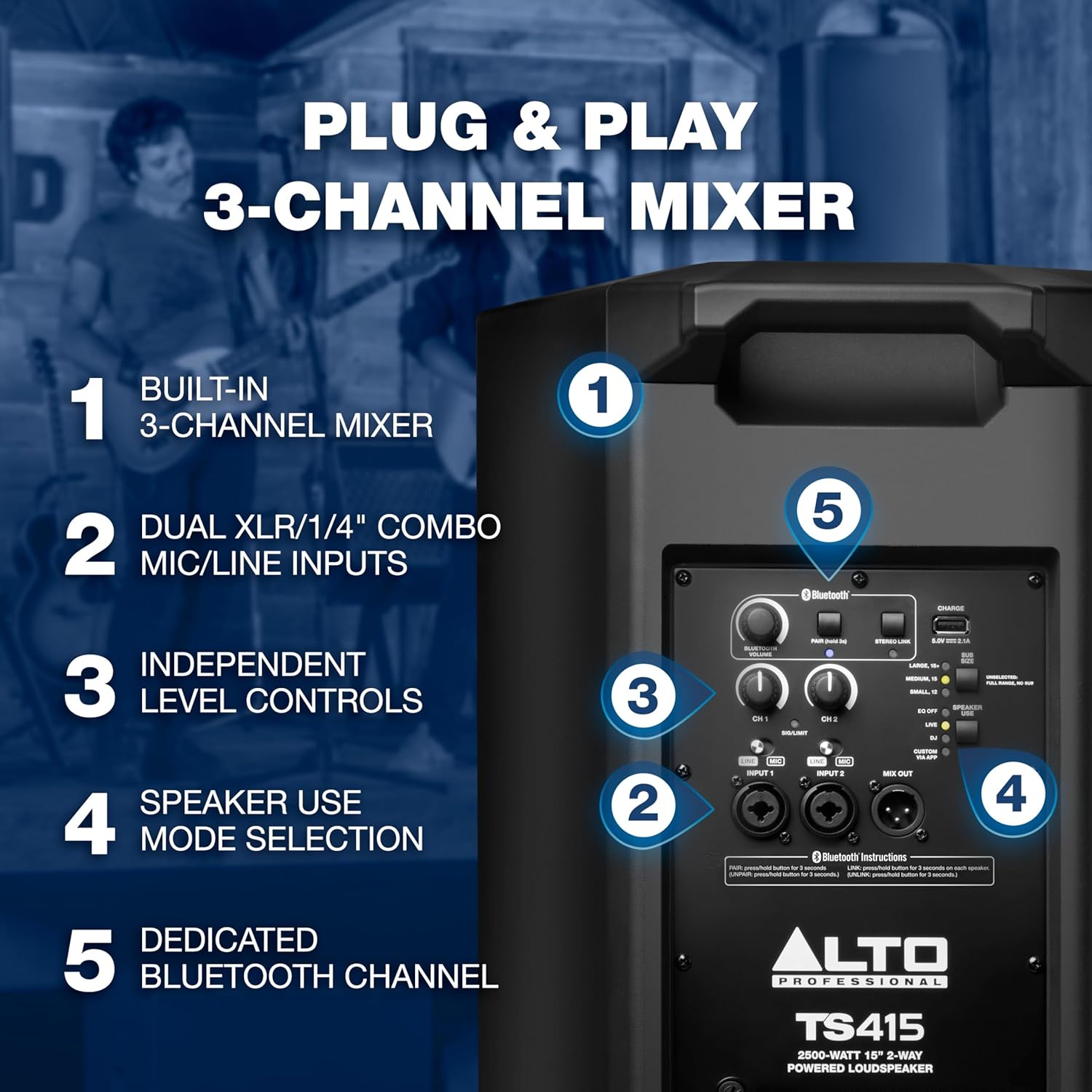 ALTO TS415 2500W 15 Powered PA Speaker with 3 Channel Mixer, Bluetooth Streaming, Wireless Loudspeaker Linking, DSP App