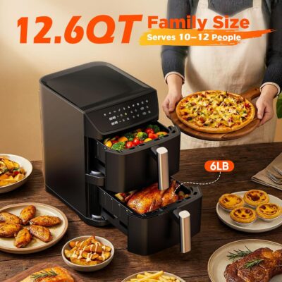 81PwvdqGc2L. AC SL1500 Dual Basket Air Fryer, 12.6QT Family-Size for 10โ12 People, XL Basket for 6LB Whole Chicken, DoubleStack Compact Design, 10-in-1 Functions with Reheat, Dehydrate & SyncFinish, Dishwasher-Safe, Black