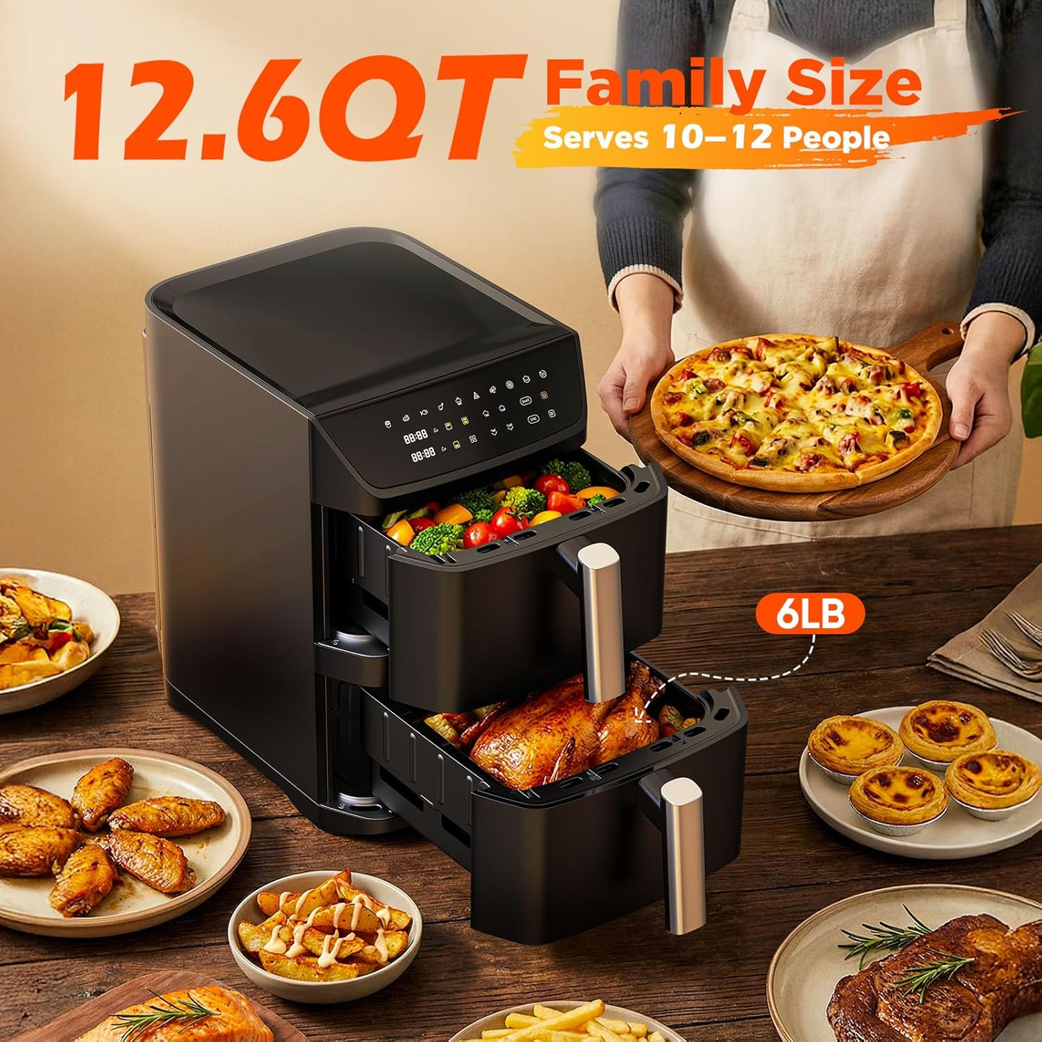 Dual Basket Air Fryer, 12.6QT Family-Size for 10โ12 People, XL Basket for 6LB Whole Chicken, DoubleStack Compact Design, 10-in-1 Functions with Reheat, Dehydrate & SyncFinish, Dishwasher-Safe, Black