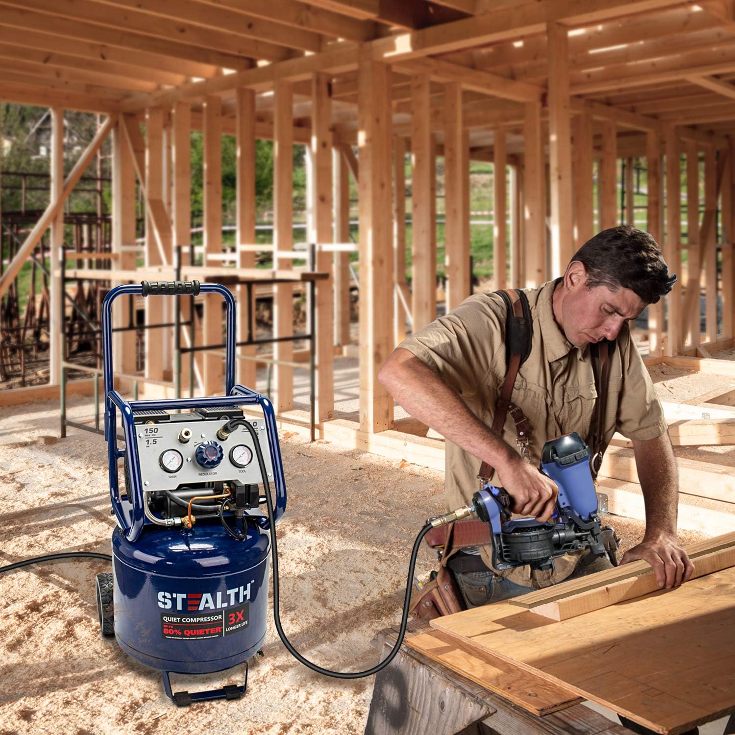 Stealth 12 Gallon Ultra Quiet Air Compressor, 1.5 HP Oil-Free Peak 150 PSI 68 Decibel,5 CFM @ 40 PSI 4 CFM @ 90 PSI Silent Portable Long Life Electric Air Compressor W/Wheel for Garage