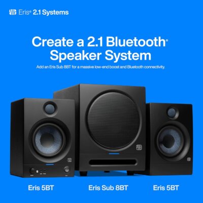 PreSonus Eris 5BT Bluetooth Studio Monitors, Pair — 5.25 Inch Powered Bookshelf Speakers, Stereo, Desktop Computer, Near Field Music Production, Audio Mixing Recording