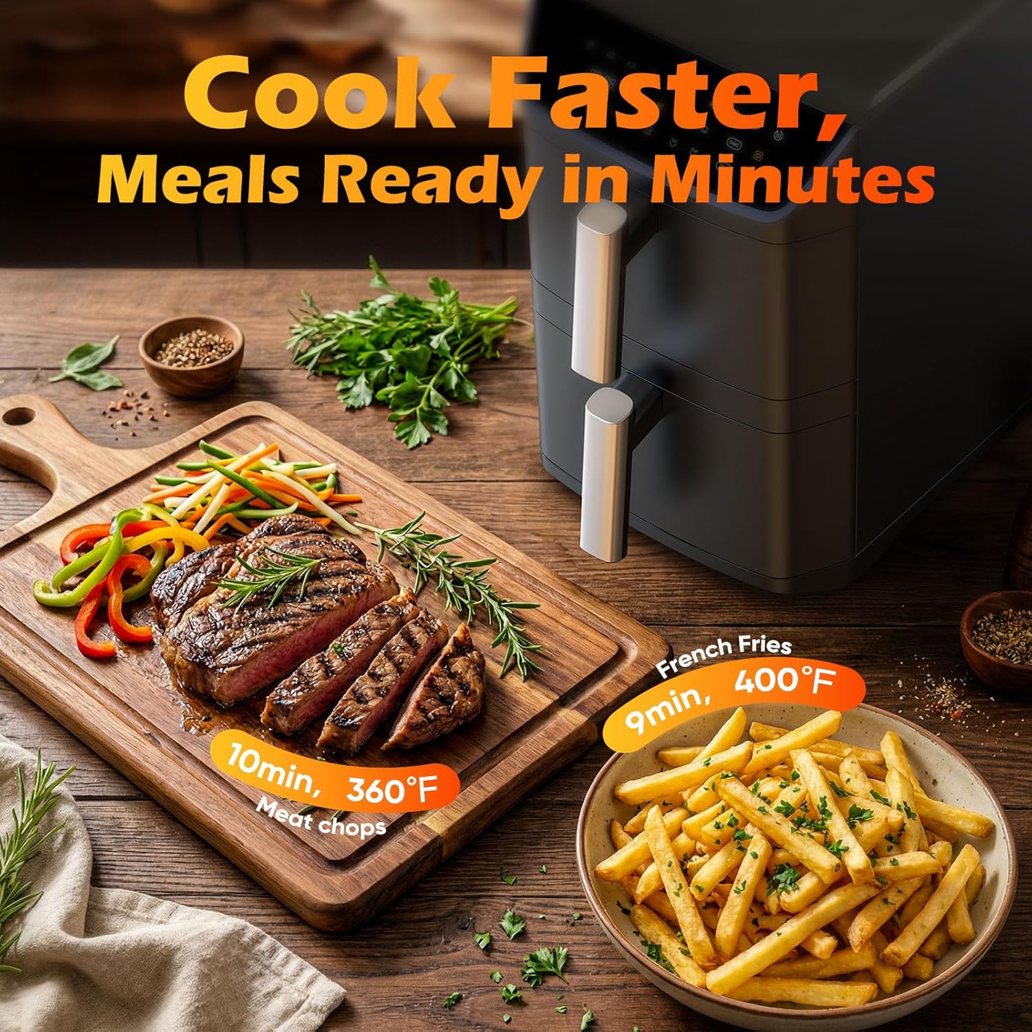 Dual Basket Air Fryer, 12.6QT Family-Size for 10โ12 People, XL Basket for 6LB Whole Chicken, DoubleStack Compact Design, 10-in-1 Functions with Reheat, Dehydrate & SyncFinish, Dishwasher-Safe, Black