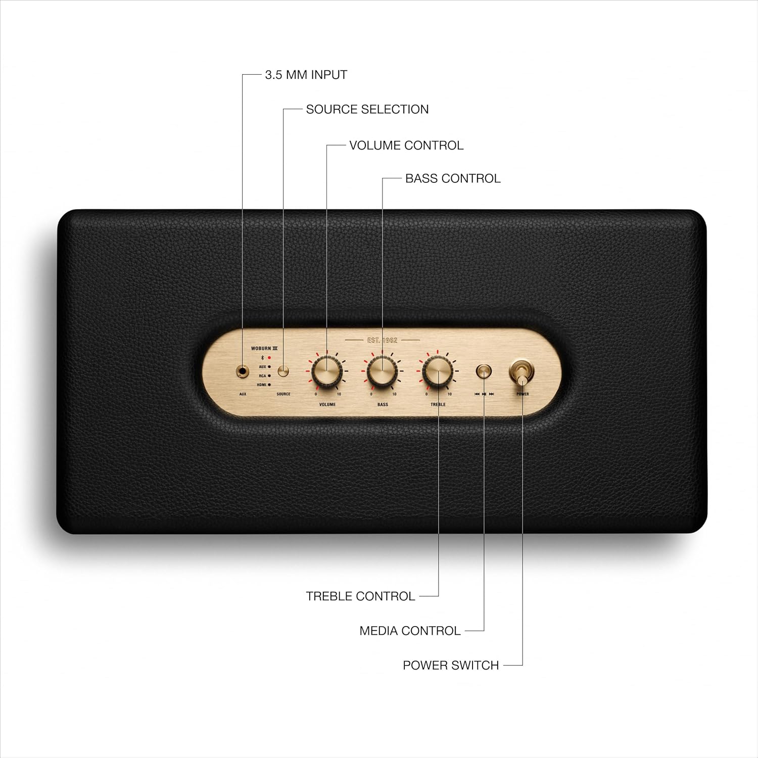 Marshall Woburn III Bluetooth Home Speaker – Loud Stereo Sound with Bass and Treble Controls | Plug-in Powered | Record Player Compatible | HDMI, RCA, 3.5 mm Aux Inputs – Black