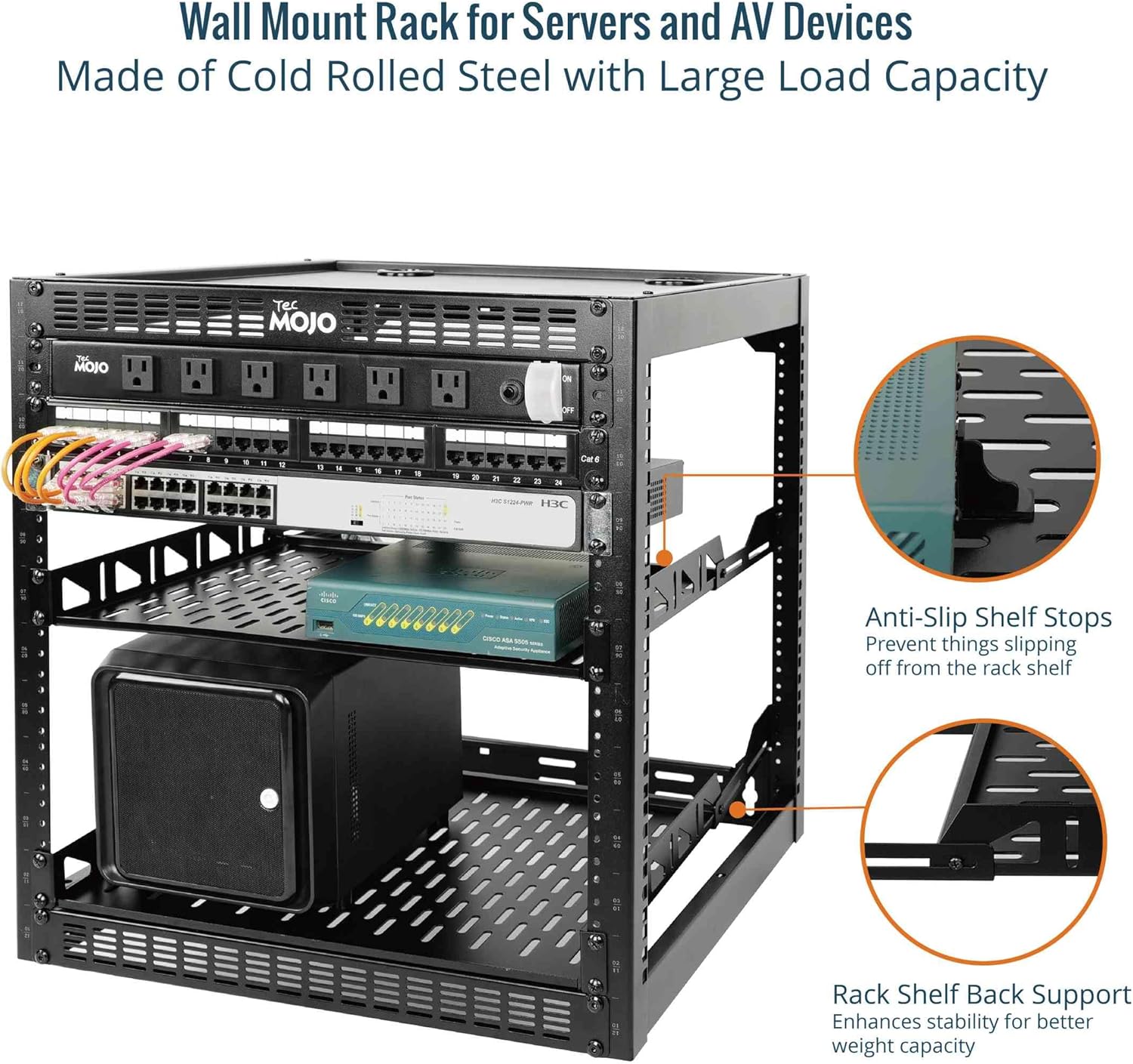 Tecmojo 12U Open Frame Network Rack for IT & AV Gear, AV Rack Floor Standing or Wall Mounted,with 2 PCS 1U Rack Shelves & Mounting Hardware,Network Rack for 19 Networking,Audio and Video Device
