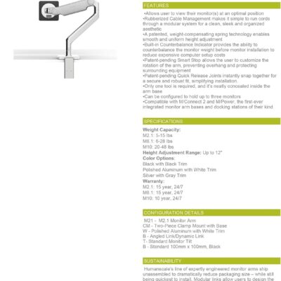 Humanscale M2.1 Adjustable Monitor Arm with Two-Piece Clamp Mount with Base – Polished Aluminum M21CMWBTB