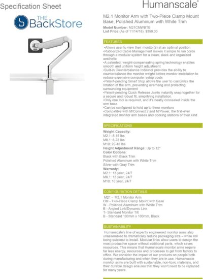 Humanscale M2.1 Adjustable Monitor Arm with Two-Piece Clamp Mount with Base – Polished Aluminum M21CMWBTB