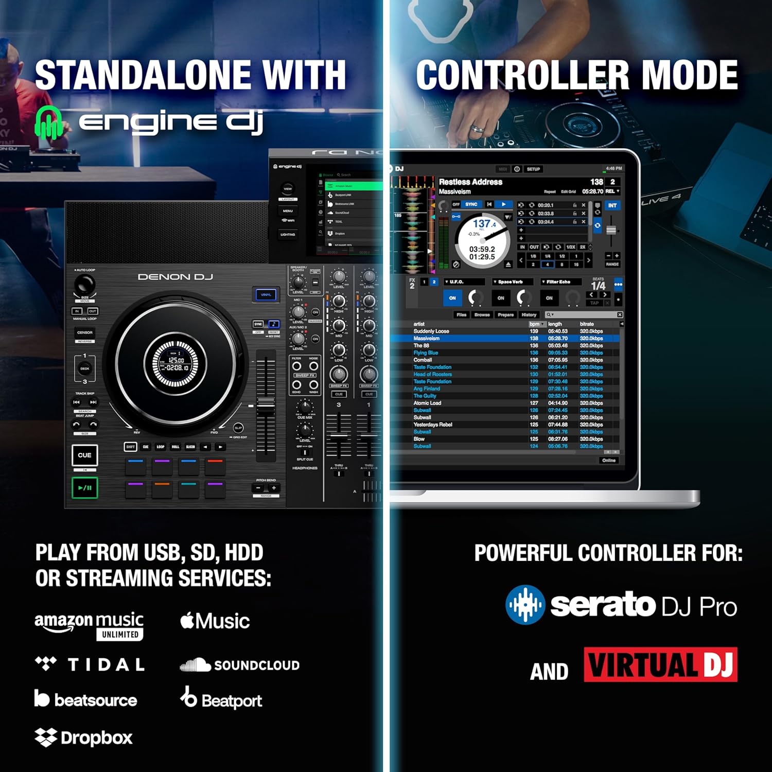 Denon DJ SC Live 4 DJ Controller and M-AUDIO Forty Sixty Pair Studio Monitors for Studio Recording, Music Production, Podcasting, Streaming