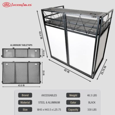AxcessAbles Two-Tier Portable DJ Booth | Large DJ Table Stand w/ 43×25 Desk Surface | 2 Ergonomic Table Heights | Black & White Facades, Carry Cases | DJ Laptop Controller Stand