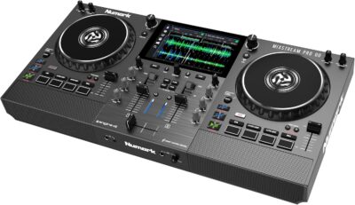 Numark Mixstream Pro Go Portable DJ Controller with Battery, Mixer with Stem Separation, Speakers, WiFi Streaming, Touchscreen, works with Serato DJ