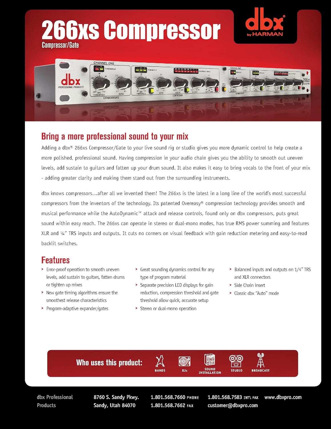 dbx 266xs Professional Audio Compressor/Gate Dynamic Effects Processor with Sidechain Insert. For Portable, Tour, Studio. 1U Single Rack Space, Silver