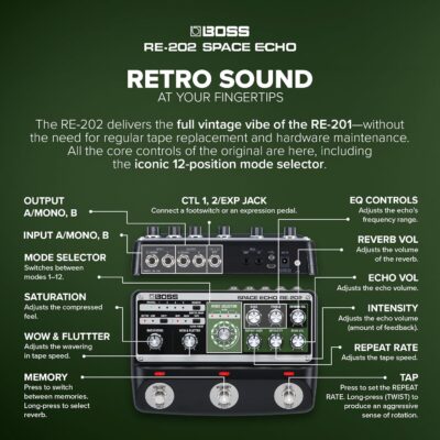BOSS RE-202 Space Echo | Tape Echo Delay Reverb Effects Pedal | Modern Recreation of the Legendary Roland RE-201 Space Echo | True Stereo | Spring Reverb | Wow & Flutter