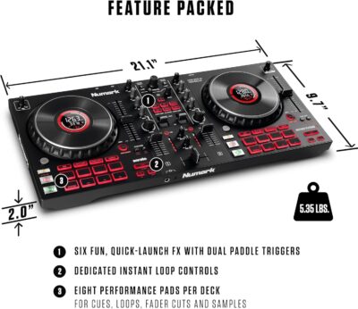 Numark Mixtrack Platinum FX Serato DJ Controller with Jog Wheel Displays, 4 Decks, Mixer, Effects Paddles and Audio Interface