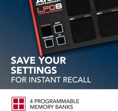 Akai Professional LPD8 – USB MIDI Controller with 8 Responsive RGB MPC Drum Pads for Mac and PC, 8 Assignable Knobs and Music Production Software