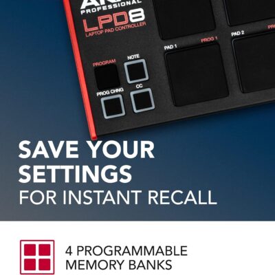 Akai Professional LPD8 – USB MIDI Controller with 8 Responsive RGB MPC Drum Pads for Mac and PC, 8 Assignable Knobs and Music Production Software