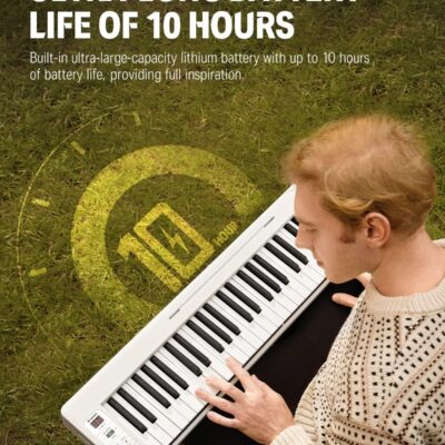 Donner 61-Key Folding Bluetooth Keyboard Piano for Beginners, Portable Piano Keyboard with Music Rest, Bag, Pedal, and App – White