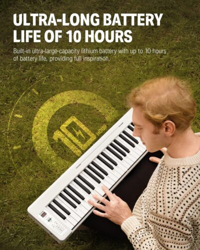 Donner 61-Key Folding Bluetooth Keyboard Piano for Beginners, Portable Piano Keyboard with Music Rest, Bag, Pedal, and App – White