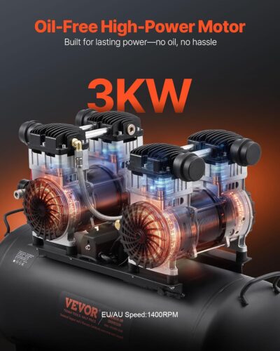 81WlD4EcjjL. AC SL1500 VEVOR Air Compressor, 20 Gallon Steel Tank, 4HP 10.6 CFM@90 PSI Oil Free Air Compressor & Max. 125PSI Pressure, 78dB Ultra Quiet Compressor for Auto Repair, Tire Inflation, Spray Painting (220V 60Hz)