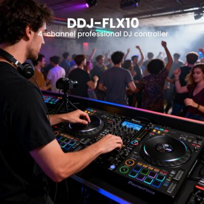 Pioneer DJ DDJ-FLX10 4-Channel Professional DJ Controller – Black Bundle with Carrying Case, HDJ-CUE1 Headphones, XLR Cable, and Austin Bazaar Polishing Cloth