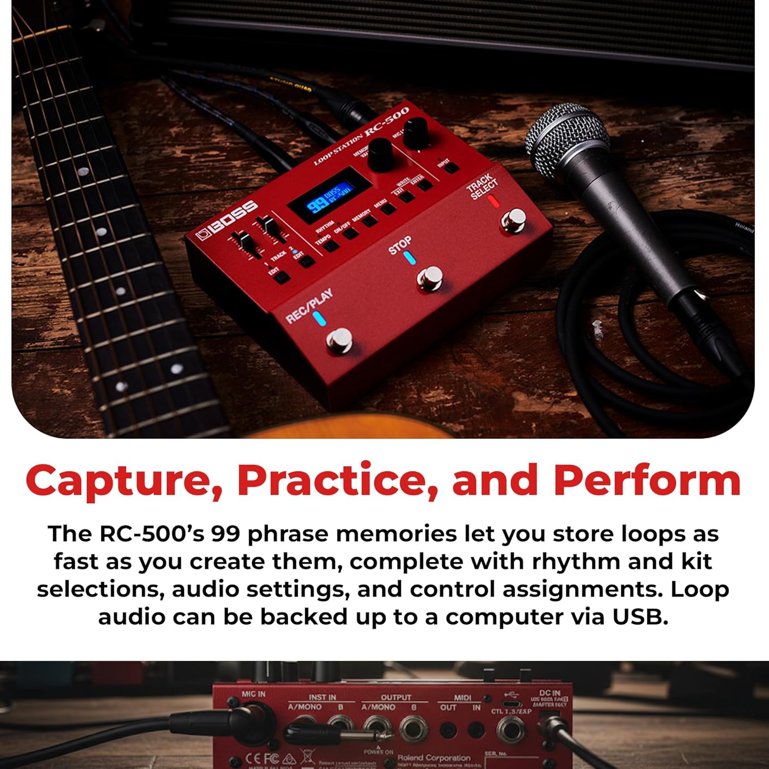 Boss RC-500 Loop Station Bundle with Gearlux Power Supply, Instrument Cable, Patch Cable, and Picks