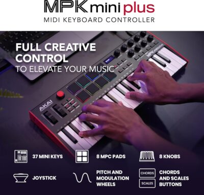 Akai Professional MPK Mini Plus – USB MIDI Keyboard Controller with 37 Mini Keys, 8 MPC Pads, Sequencer, MIDI/CV/Gate I/O, Music Production Software and Native Instruments Sound Package
