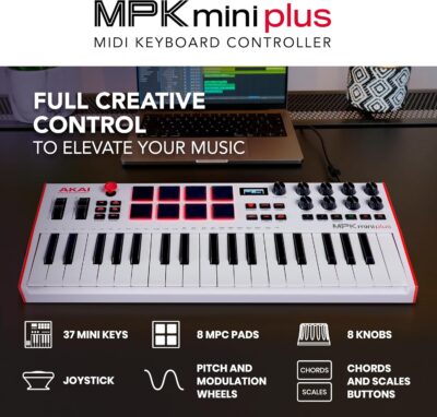 81YF VgCJML. AC SL1500 Akai Professional MPK Mini Plus – USB MIDI Keyboard Controller with 37 Mini Keys, 8 MPC Pads, Sequencer, MIDI/CV/Gate I/O and Native Instruments Sound Package, White Limited Edition