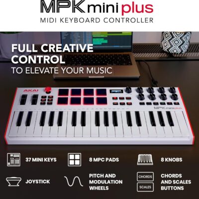 81YF VgCJML. AC SL1500 Akai Professional MPK Mini Plus – USB MIDI Keyboard Controller with 37 Mini Keys, 8 MPC Pads, Sequencer, MIDI/CV/Gate I/O and Native Instruments Sound Package, White Limited Edition