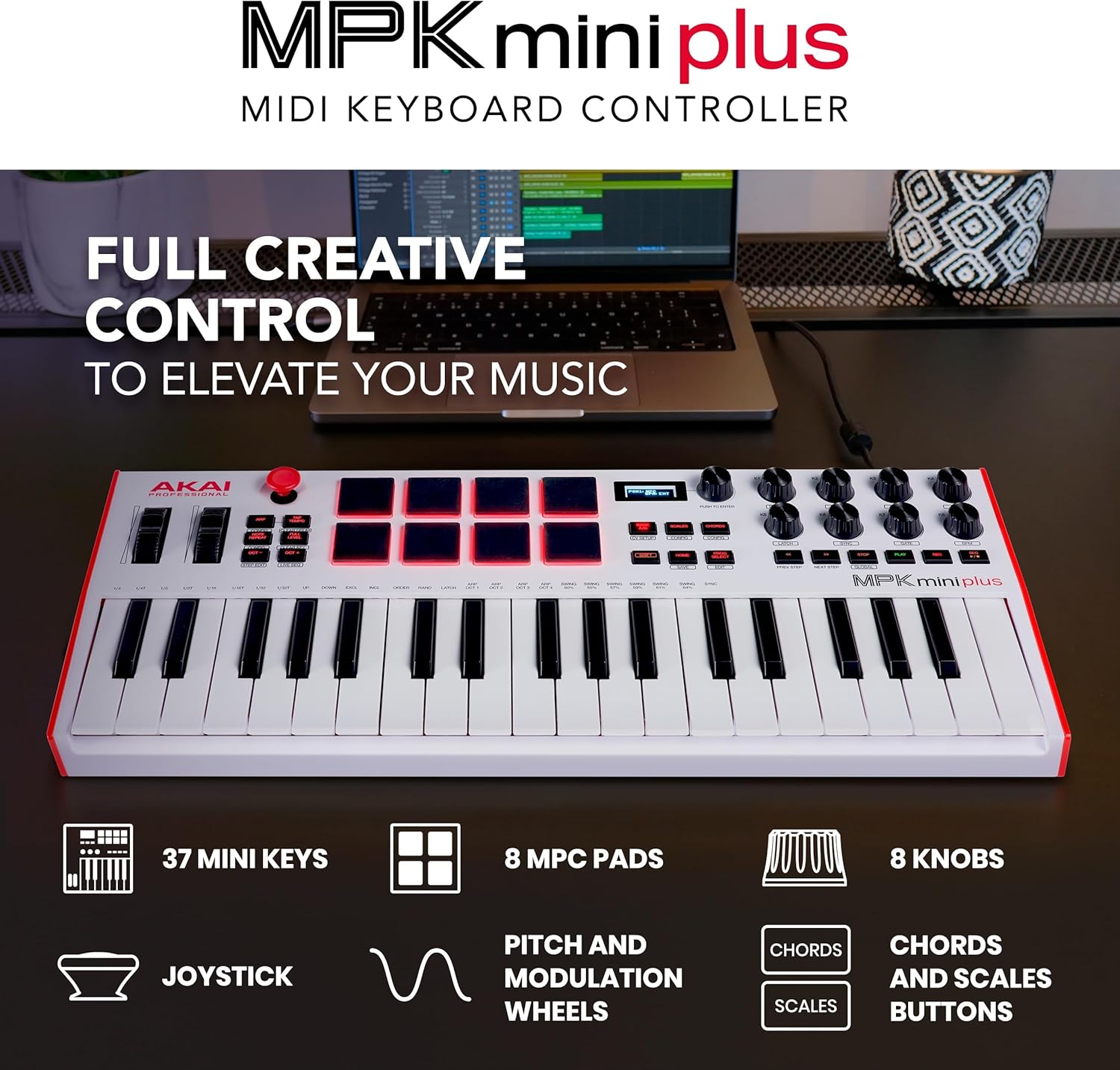Akai Professional MPK Mini Plus – USB MIDI Keyboard Controller with 37 Mini Keys, 8 MPC Pads, Sequencer, MIDI/CV/Gate I/O and Native Instruments Sound Package, White Limited Edition