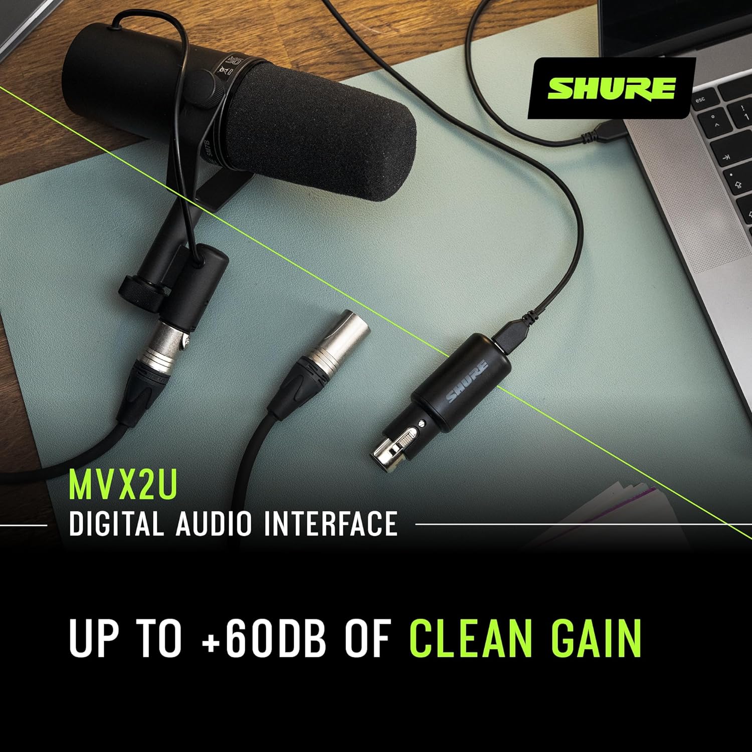 Shure MVX2U XLR-to-USB Interface with Headphone Jack, 60dB Gain, Zero-Latency Monitoring, 48V Phantom Power, ShurePlus App, USB-C Cable