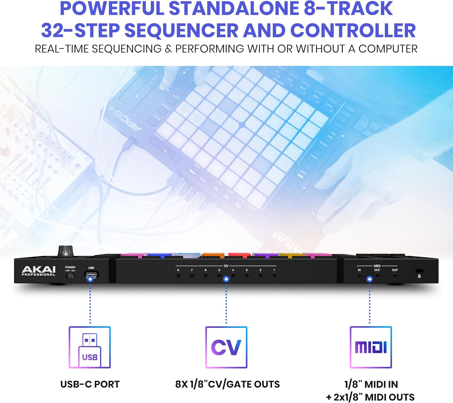 Akai Professional APC64 Ableton MIDI Controller with 8 Touch Strips, Step Sequencer, 64 RGB Velocity-Sensitive Pads, CV Gates, MIDI In and Out, USB-C