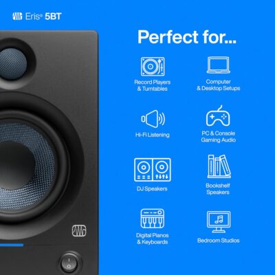 PreSonus Eris 5BT Bluetooth Studio Monitors, Pair — 5.25 Inch Powered Bookshelf Speakers, Stereo, Desktop Computer, Near Field Music Production, Audio Mixing Recording