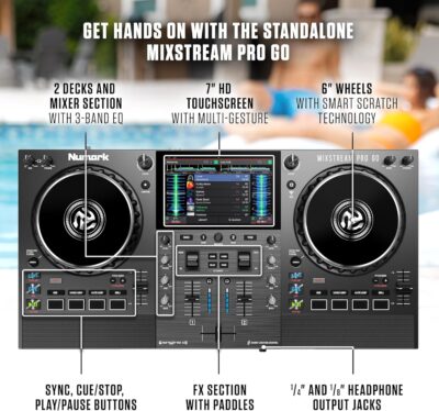 Numark Mixstream Pro Go Portable DJ Controller with Battery, Mixer with Stem Separation, Speakers, WiFi Streaming, Touchscreen, works with Serato DJ