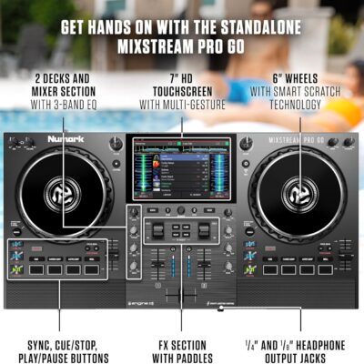 Numark Mixstream Pro Go Portable DJ Controller with Battery, Mixer with Stem Separation, Speakers, WiFi Streaming, Touchscreen, works with Serato DJ